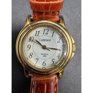 Vtg Carriage by Timex Watch Women 26MM Easy Reader Gold Tone Brown Leather